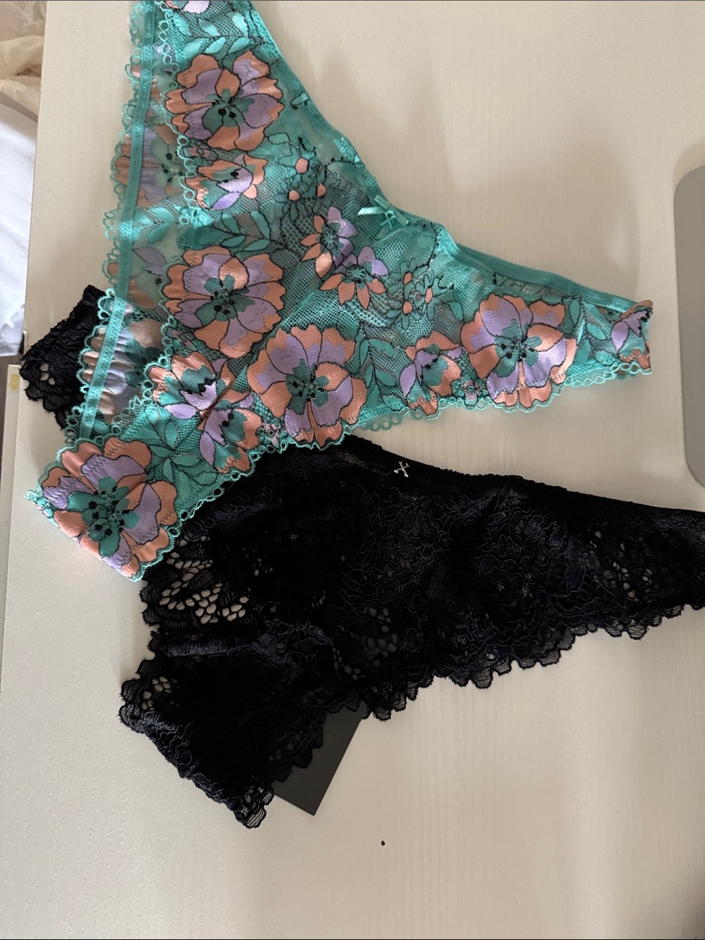 NWT Savage X Fenty Teal Floral & Black Lace Lingerie Cheeky Panty Set L